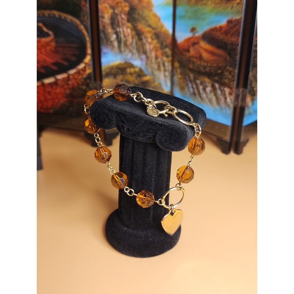 Vtg COOKIE LEE Bracelet Faceted Amber Bead & Heart Charm Gold Tone FREE $HIPPING